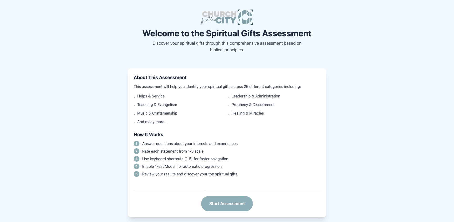 Screenshot of Church for the City Spiritual Gifts Assessment website showing the main page design and layout