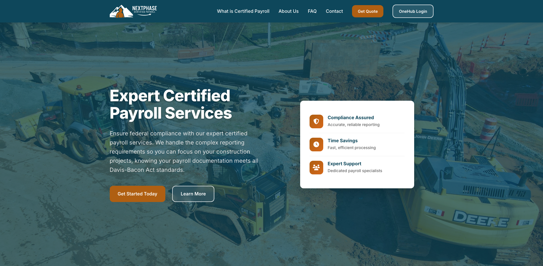 Screenshot of NextPhase Certified Payroll website showing the main page design and layout
